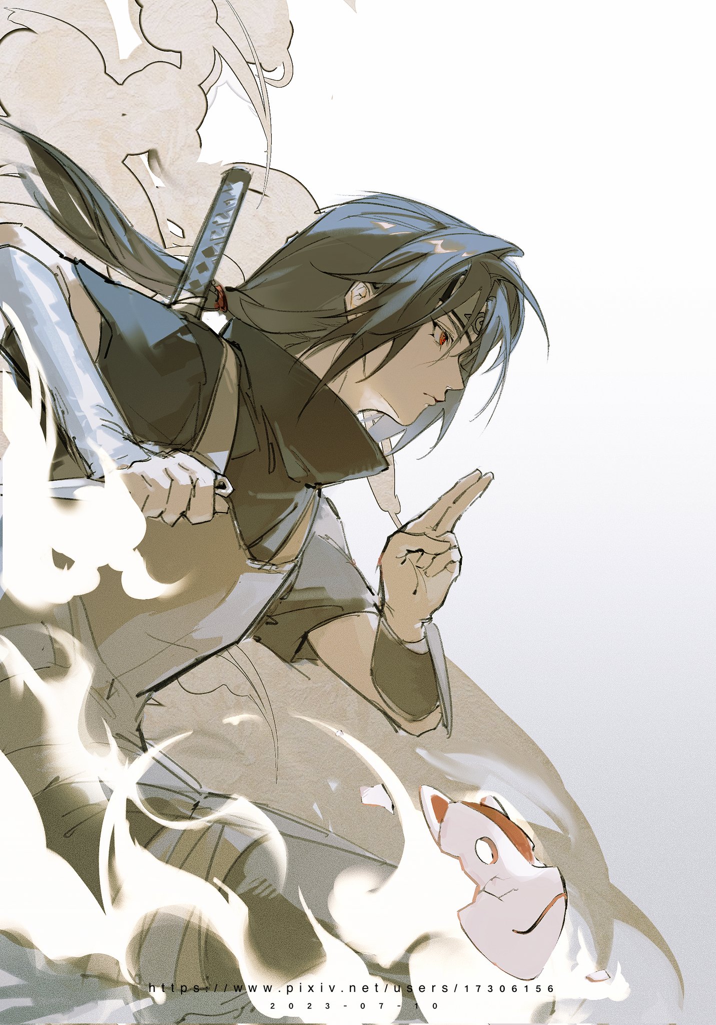 this dynamic illustration showcases sasuke uchiha from the anime and manga series "naruto". he is caught midmotion, seemingly about to unleash his signature chidori jutsu, evidenced by the sparks of electricity around his hand. his sharingan eye glows menacingly, adding to the intensity of the scene. a stylized portrayal of his cursed seal mark appears as smoke around him.  the color palette emphasizes grays and whites, highlighting the dramatic lighting and creating a sense of action and power.  a faint image of a fox mask, symbolizing the ninetailed fox, appears amidst the smoke, potentially hinting at a confrontation with naruto.