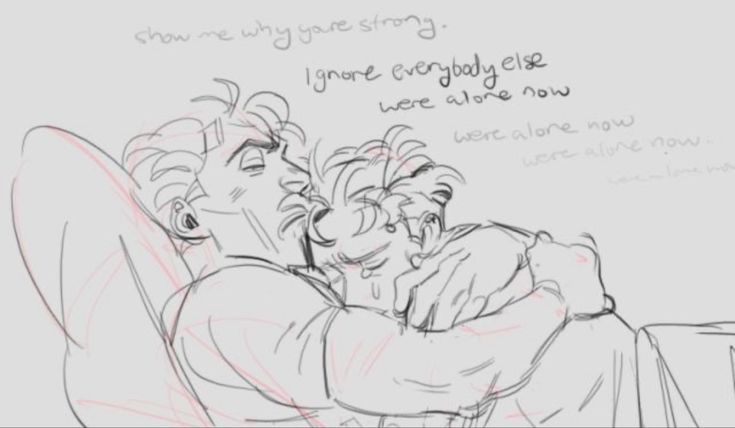 this is a sketch of two anime characters hugging each other. the character in the front is holding the other character close. the character in the back has their eyes closed, seeming to be sad or crying. both characters are embracing, suggesting a close bond and an attempt to offer comfort to each other. the text around them indicates a situation where they feel alone and are choosing to ignore everyone else around them. the art is unfinished but still evokes the feeling of love, care, and emotional support. the overall tone is poignant and melancholic.