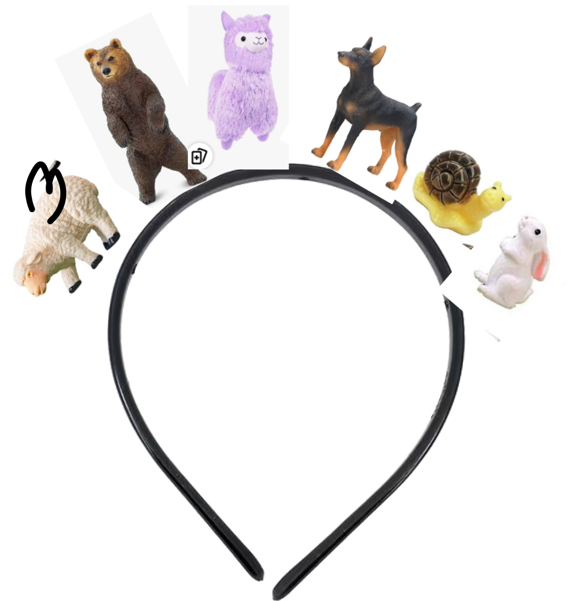 a black headband with an assortment of small animal figurines attached. the figurines include a brown bear, a purple llama, a brown and black dog, a yellow snail, and a white bunny.