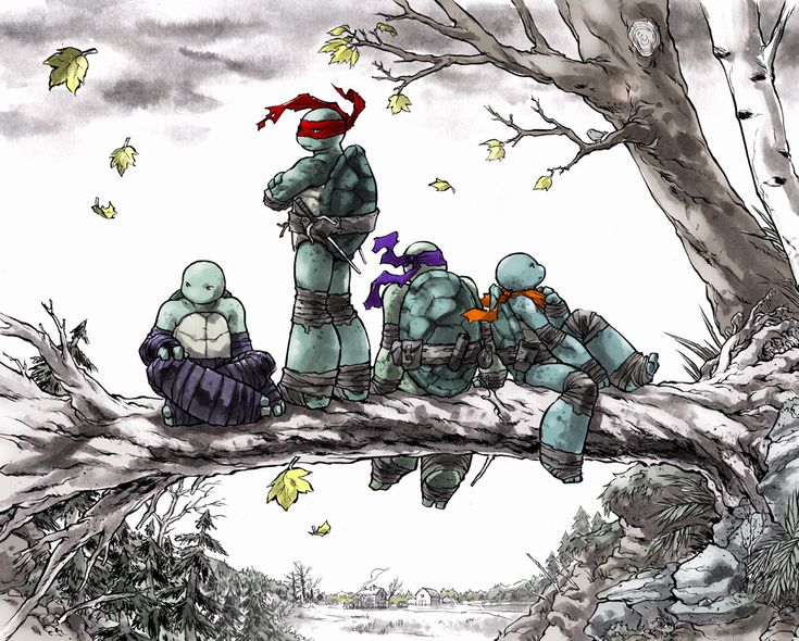 this image is a black and white illustration of four teenage mutant ninja turtles sitting on a tree branch. the turtles are facing different directions, and they are all looking at the sky. there are leaves falling from the trees in the background.  the turtles are dressed in their signature outfits, and they are all wearing masks. the turtle on the left is wearing a purple mask, the turtle in the center is wearing a red mask, the turtle in the centerright is wearing a purple mask, and the turtle on the right is wearing an orange mask.