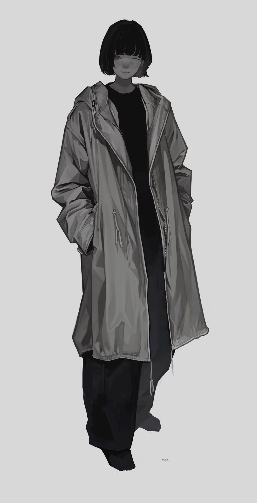 the image is a digital painting or illustration of a young animestyle girl. she has short, dark hair and is wearing a long, grey hooded coat over black pants.  the style is minimalist and slightly realistic, with a focus on the clothing and the character's overall silhouette. the color palette is predominantly grey and black, creating a monochrome effect.  the background is a simple, light grey.