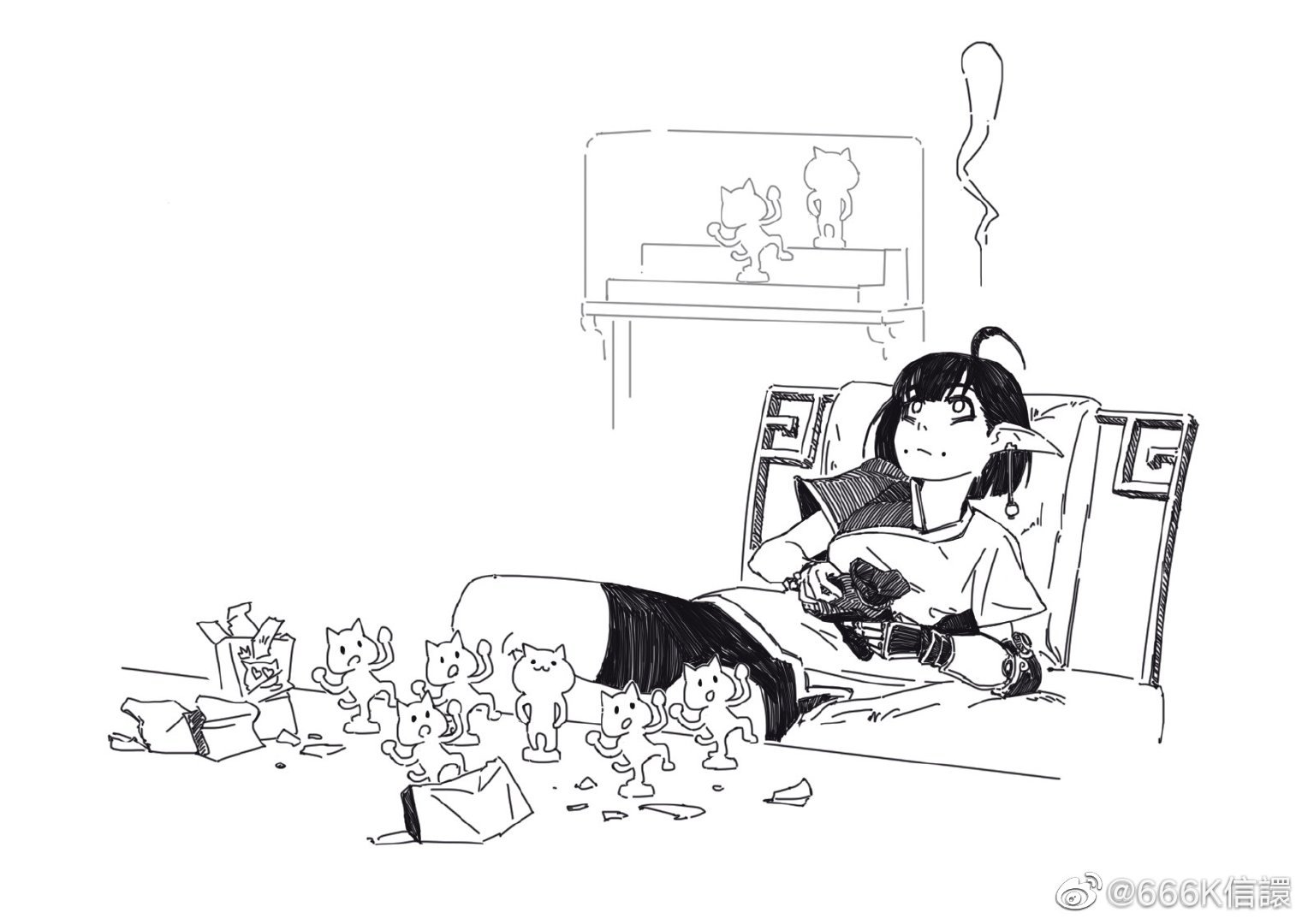 the image is a black and white ink drawing of a young girl, possibly an elf, reclining on a bed or couch. she appears relaxed, almost bored, and is holding something small in her hands.  around her are several small cat figurines, some strewn about as if knocked over.  there are also bits of snack packaging scattered on the floor, suggesting a playful, slightly messy scene. a shelf in the background has larger cat figurines on it. the style is reminiscent of anime or manga.