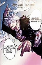 the image is a manga page featuring a young man with white hair and black clothing. he appears to be in the midst of a dynamic action sequence, possibly using supernatural powers. the art style is dramatic and detailed, with strong contrast and a closeup perspective that emphasizes the character's intense expression.  the background features swirling patterns and speech bubbles indicating dialogue and sound effects, further enhancing the sense of movement and energy.