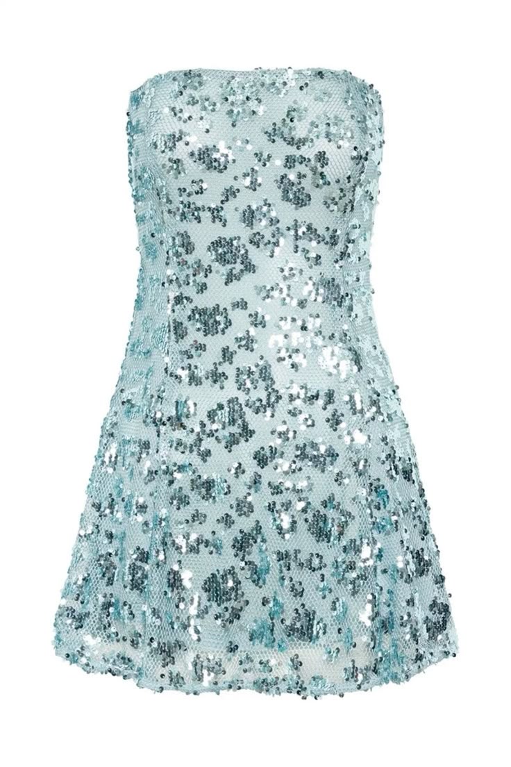 the image shows a strapless blue mini dress covered in sequins.