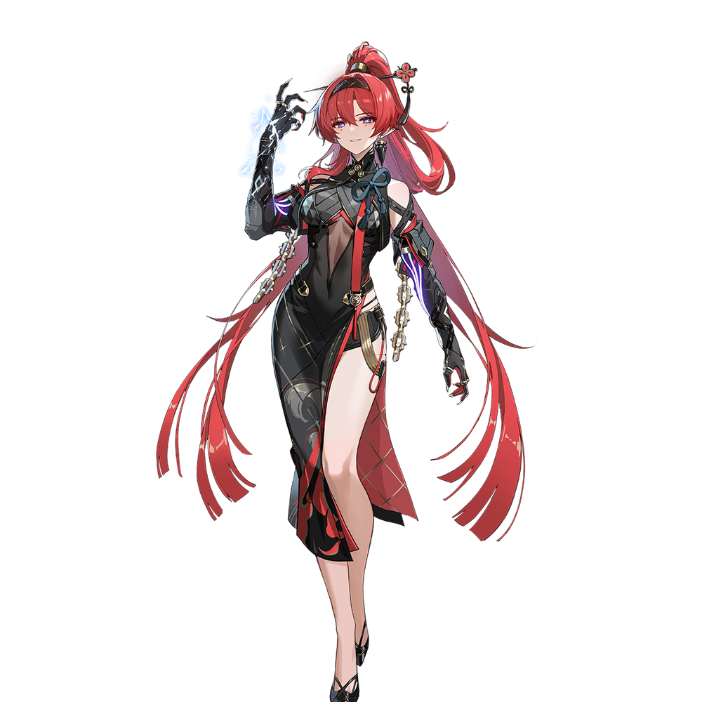 a digital illustration of yae miko, a popular female character from the video game genshin impact. she's striking a confident pose, facing slightly to her left with one hand raised. she is a young woman with long red hair, amber eyes, and fox ears. she's wearing an ornate black and red dress with gold accents, thighhigh boots, and a flowing red ribbon tied in her hair. the background is transparent.