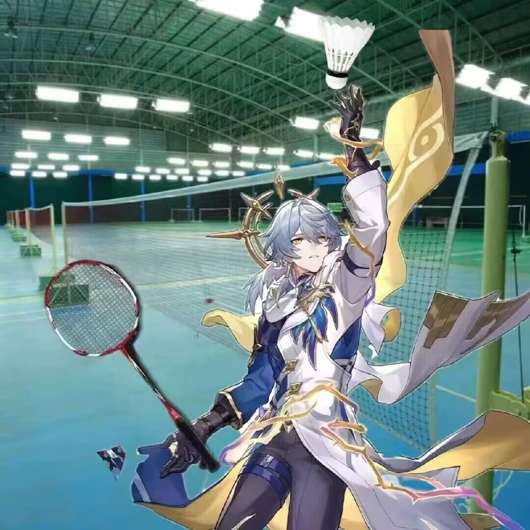 the image depicts a fanart of raiden shogun from genshin impact playing badminton. the animestyle character is dynamically posed midswing, holding a badminton racket and about to hit a shuttlecock. the background is a realistic rendering of an indoor badminton court, showing the net and markings on the floor. the overall style is a blend of anime illustration and realistic court setting, suggesting a fanmade crossover between the game and a sport.