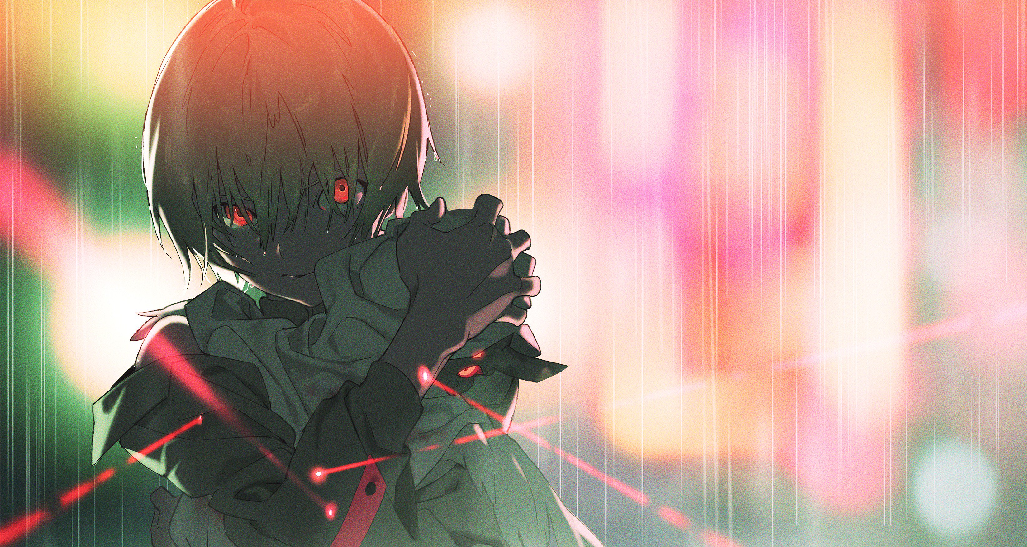 an anime boy with short hair and piercing red eyes stands against a backdrop of a futuristic cityscape at night. rain streaks vertically through the air, catching the glow of vibrant city lights. red laserlike lines crisscross the scene, adding to the dynamic and somewhat intense atmosphere. the boy, with a determined expression, holds his hands clasped together, suggesting he's about to face a challenge.  his attire, a mix of white and dark clothing with red accents, further enhances the cyberpunk aesthetic of the image.