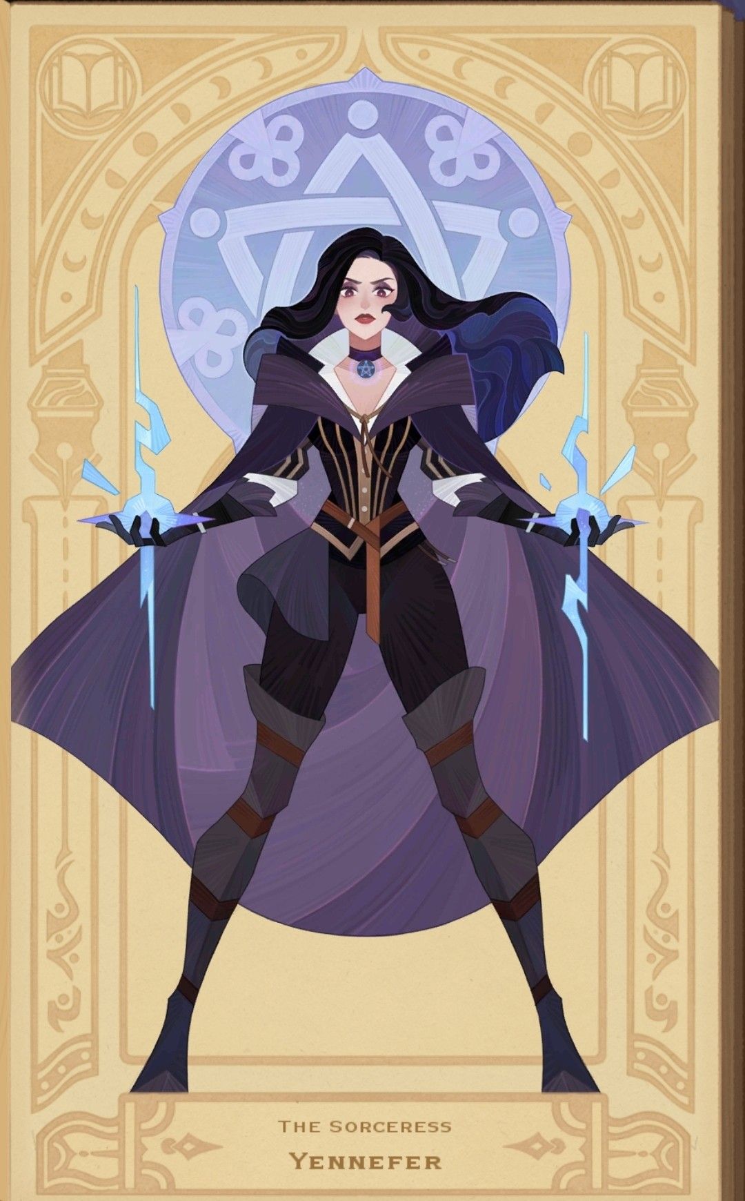 the illustration depicts yennefer of vengerberg, a sorceress from the witcher series, standing in a confident pose. she is adorned in her signature dark purple and black attire, with a long flowing cape. her hands are raised, each crackling with blue magical energy. the background features intricate gold and beige patterns evocative of a tarot card, further enhancing the mystical theme.  the text "the sorceress" and "yennefer" is inscribed at the bottom, confirming her identity.