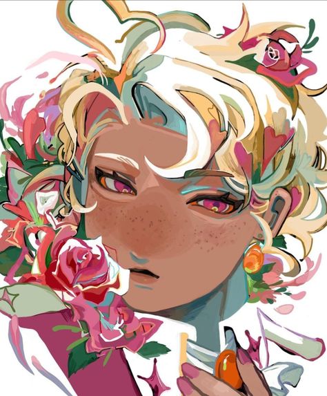 the image showcases a stylized portrait of a person with vibrant blonde hair adorned with flowers, predominantly roses. the individual possesses captivating red eyes with prominent freckles scattered across their face. the art style leans towards a digital painting aesthetic, suggesting it could be fanart or an original character design. the color palette is vivid and lively, emphasizing the youthful and perhaps slightly mischievous aura of the subject.