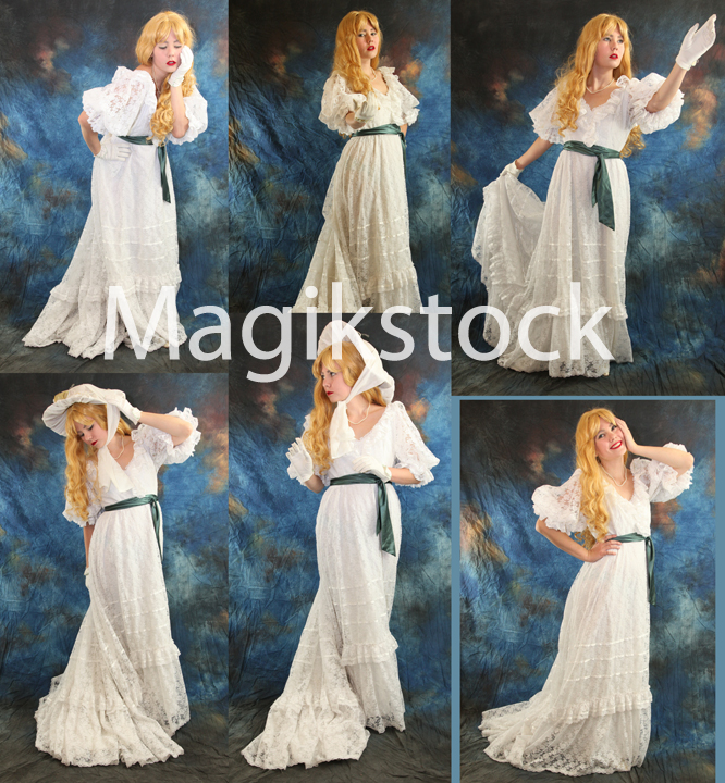 the image shows a collage of six photos featuring a blonde woman in a long, white, victorianstyle lace dress.  the dress has a tiered skirt and a green sash.  the woman is shown in various poses against a textured blue backdrop.  some photos show her wearing a hat or bonnet. the overall style is romantic and elegant, suggesting a photoshoot for historical or vintage fashion.