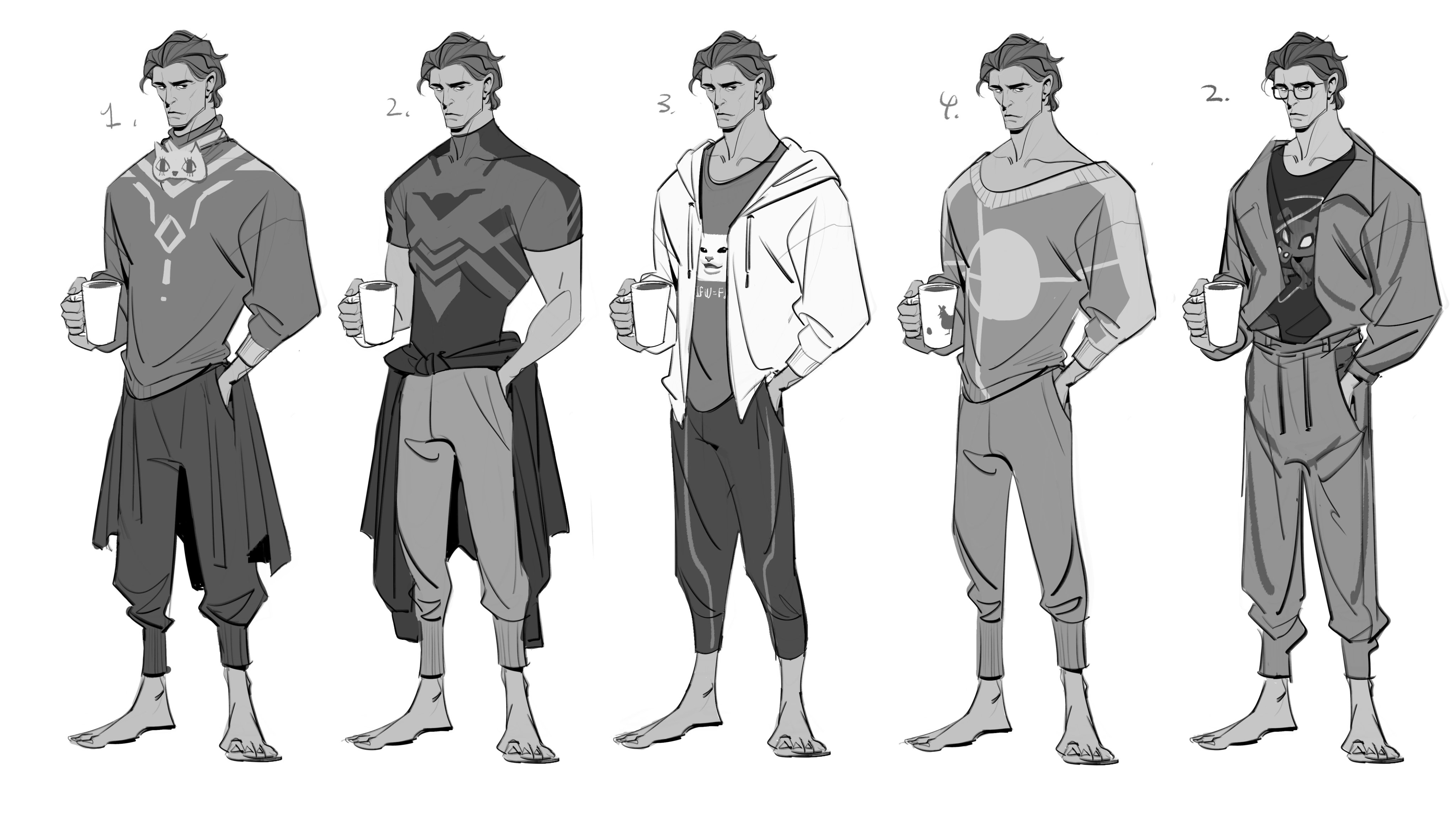 the image showcases six different outfit designs for a male character. each design is rendered in grayscale, showing a young man with various casual clothing options.  he's depicted holding a mug in each image, suggesting a relaxed and comfortable setting. the outfits range from a patterned sweater with a long draped piece, a fitted shortsleeved top with baggy pants, a hoodie over a graphic tee with joggers, a circularpatterned sweater with simple pants, and finally, a jacket over a graphic tee with sweatpants. the consistency in the character's pose and the use of a coffee mug helps to highlight the subtle differences between each clothing style.  the numbering suggests these are concept art iterations, exploring various casual looks for the same character.
