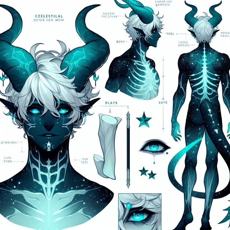 the image shows a character design sheet for a demonlike creature with white hair and large, curved blue horns. the demon's skin is also a deep blue color with speckles of white, resembling a starry night sky. the character design includes front and side views of the face, a torso view showing a skeletal design, and a full back view also emphasizing the skeletal structure. there are also smaller detail drawings, such as closeups of the eyes and the design of a bone or piece of clothing.