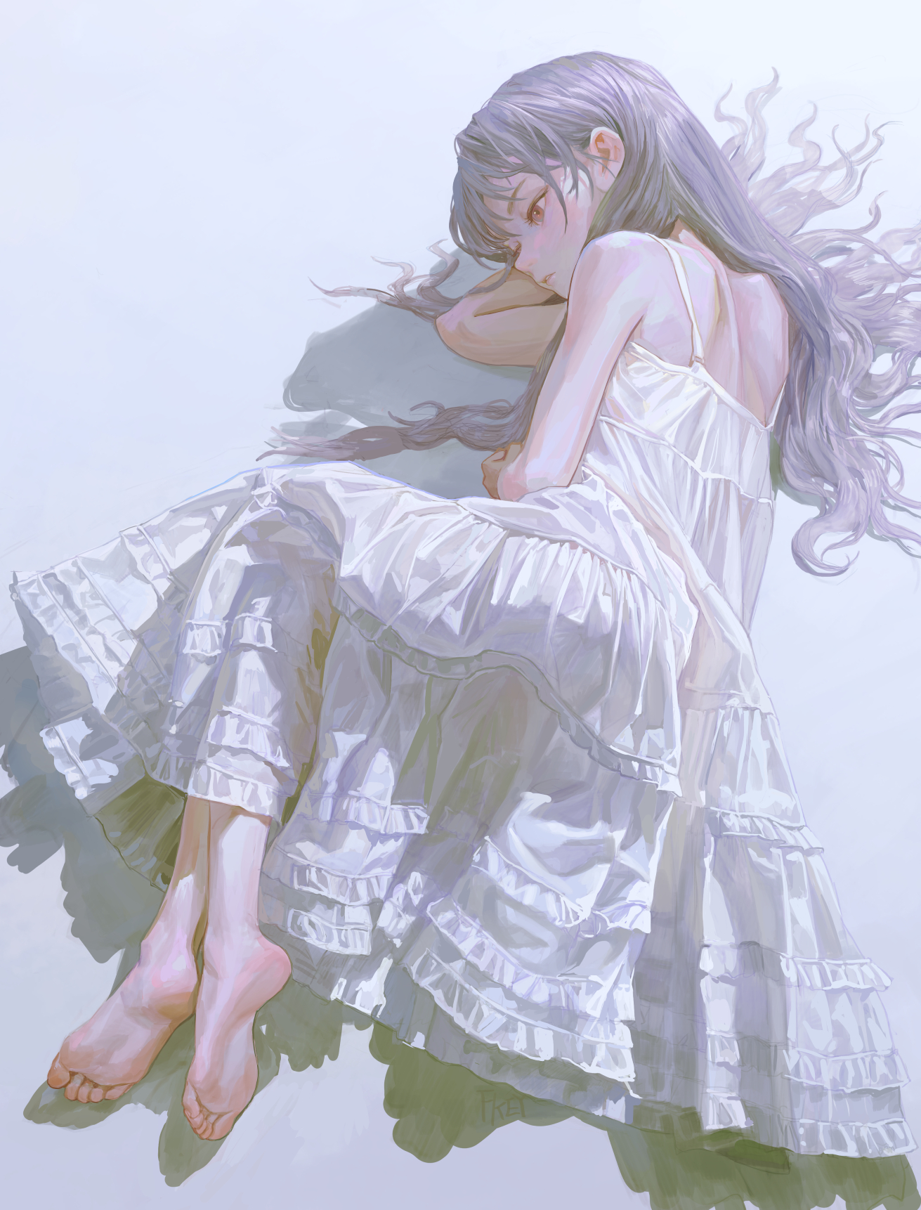 an illustration depicts a young anime girl lying down, likely asleep, on a lightcolored surface. she has long, flowing, purple hair and wears a white, layered dress with ruffles. she is barefoot. soft shadows are cast around her, adding depth to the dreamy and serene atmosphere.