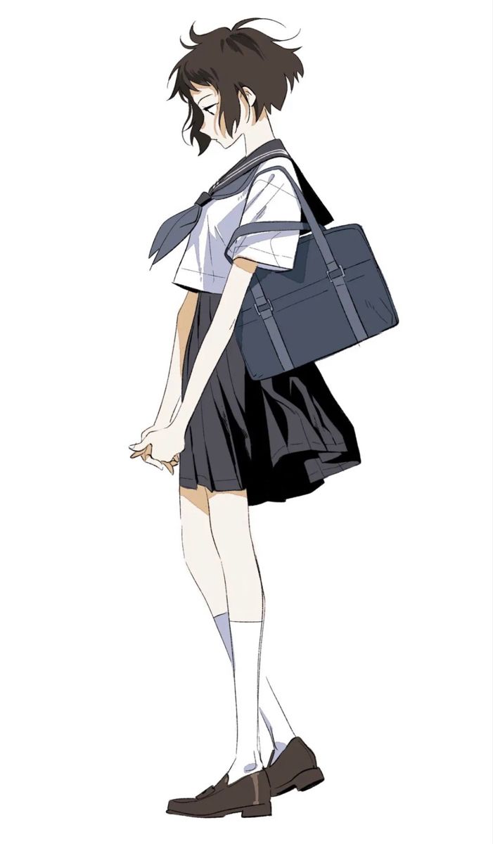 an anime girl with short black hair wearing a white shirt, a black skirt, and white socks is walking with a bag on her shoulder. the bag is black with a blue strap. she is wearing brown shoes.