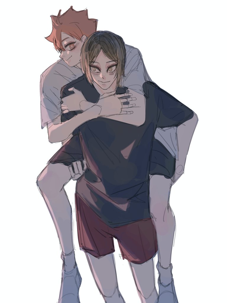 the image shows two anime boys, one with orange hair and a white shirt and the other with brown hair and a black shirt, hugging each other. the boy with orange hair is giving the other boy a piggyback ride. both boys are smiling and looking happy. the image is drawn in a soft, pastel style and has a warm, romantic feel.