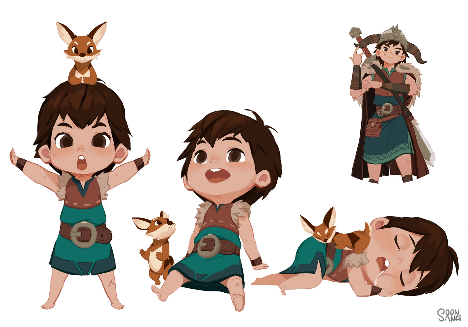 this image shows a character design sheet of a young viking boy with his fox companion. he's shown in four different poses and expressions, showcasing his playful and adventurous personality. one image also depicts his aspirational viking warrior outfit.