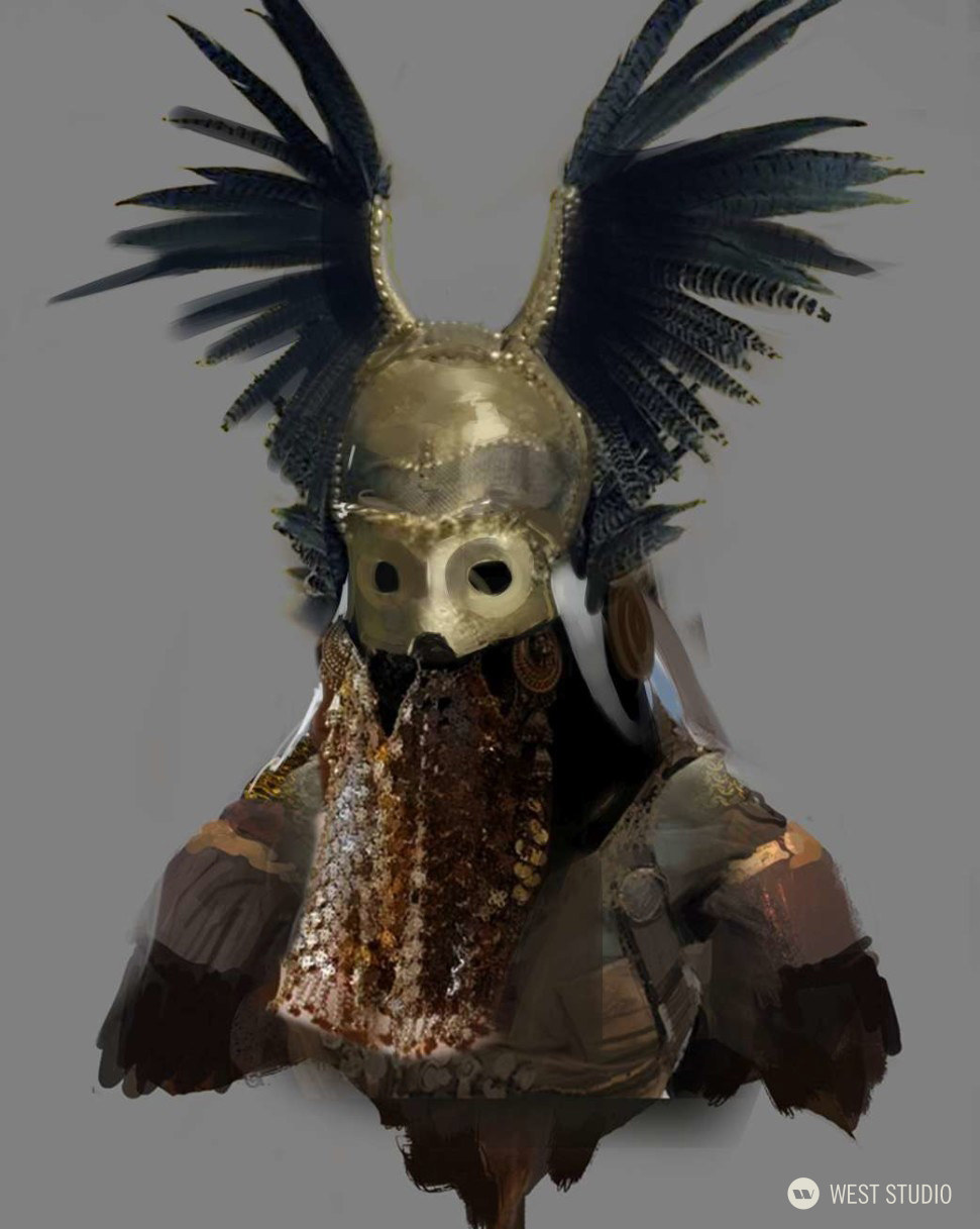 a digital painting of a warrior's head and shoulders. the warrior wears ornate armor and a dramatic headdress with large, black feathers that splay out on either side of their head. a golden mask with a circular design covers their face.  the overall palette is muted and earthy, with a focus on browns, golds, and blacks. the background is a plain gray.