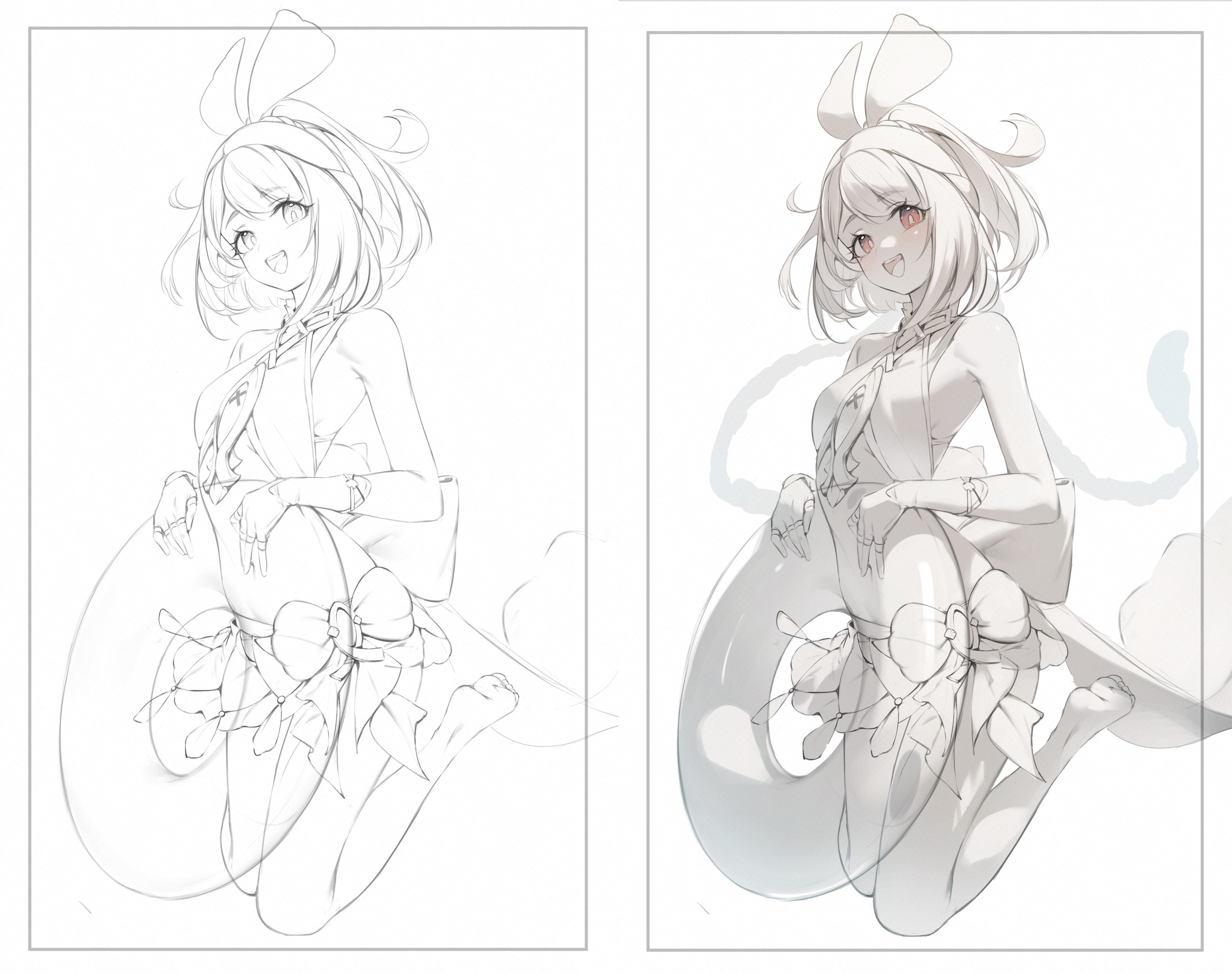 he image showcases a digital drawing of a young animestyle girl. the image is presented in a split format, showing a line art sketch on the left and a colored version on the right.  the girl is depicted with short, bobbed hair and bunnylike ears on a headband, wearing a light, flowing dress with a bow. she is in a graceful, almost floating pose, and the overall style is soft, delicate and whimsical. the colored version adds subtle shading and color to the line art, creating a more complete and ethereal effect.