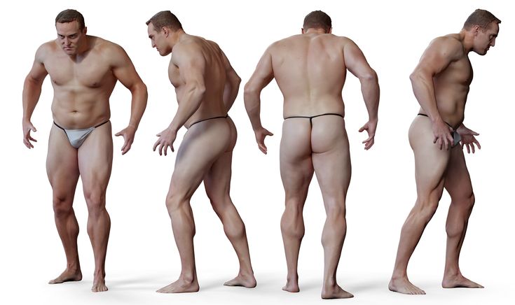 the image shows a man in various poses, showcasing his muscular physique. the man is wearing a thongstyle underwear. the images are taken from front, back, and side perspectives against a white background. the man is standing with a relaxed expression.