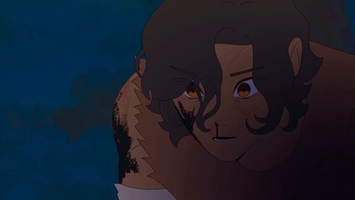 the image is a closeup of a stylized animated male character. he appears young, with dark brown hair and skin.  he's heavily marked with dirt, scratches, and what look like small, superficial wounds on his neck and shoulder.  his expression is intense and serious, and his eyes, a bright orange, are striking against his dark features.  the background is a dark, blurry bluegreen, adding to the moody and somewhat mysterious atmosphere. the art style is clean and graphic, typical of modern 2d animation.  the overall impression is one of vulnerability and possible struggle.