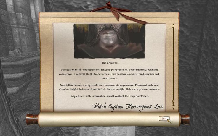 this image shows a wanted poster for a man named "the grag fon". the poster is rolled up and tied with a brown ribbon. it is written in black ink on a parchment background. the poster states that the grag fon is wanted for several crimes including theft, embezzlement, forgery, pickpocketing, counterfeiting, burglary, conspiracy to commit theft, grand larceny, tax evasion, slander, fraud, perjury, and impertinence. the poster describes the grag fon as a male colovlan with a gray cloak, a height between 5 and 6 feet, and a normal weight. his hair and eye color are unknown. the poster states that any citizen with information should contact the imperial watch. the signature at the bottom of the poster reads "watch captain meronymus lex".