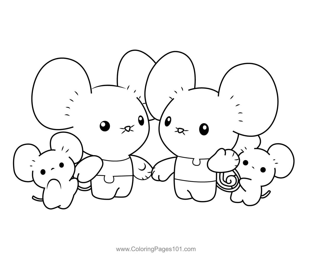 the image is a black and white line drawing of a cute cartoon mouse family. two larger mice are depicted holding hands, with a smaller mouse on each side. the mice have large ears and eyes, giving them a friendly and adorable appearance.  the drawing is simple, making it suitable for coloring by young children. the style is reminiscent of kawaii (cute) characters.  the image is set against a plain white background. the bottom right corner shows the website name "www.coloringpages101.com".