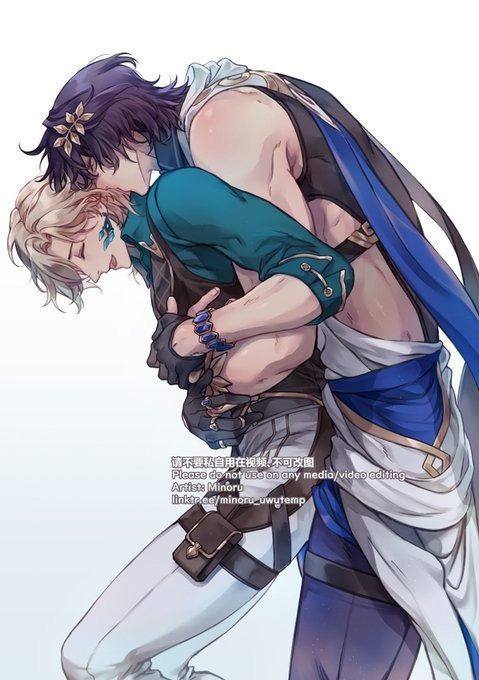 the image is a digital drawing or illustration of two animestyle boys in a close embrace. the boy on top has dark purple hair with a flower accessory and is wearing teal and dark clothing. the bottom boy has blonde hair and is wearing a teal and white outfit.  the art style is soft and romantic, with a focus on the intimate closeness of the two characters.  the background is a simple light color, drawing all attention to the figures. there is a text watermark at the bottom mentioning the artist and requesting that the image not be used for media/video editing.