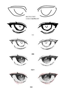 the image is a tutorial of "how to draw anime eyes".  there are 6 steps, each features two eyes, one on the left and one on the right.  the eyes are in different style with more details added in each step.  there are japanese characters next to each step.