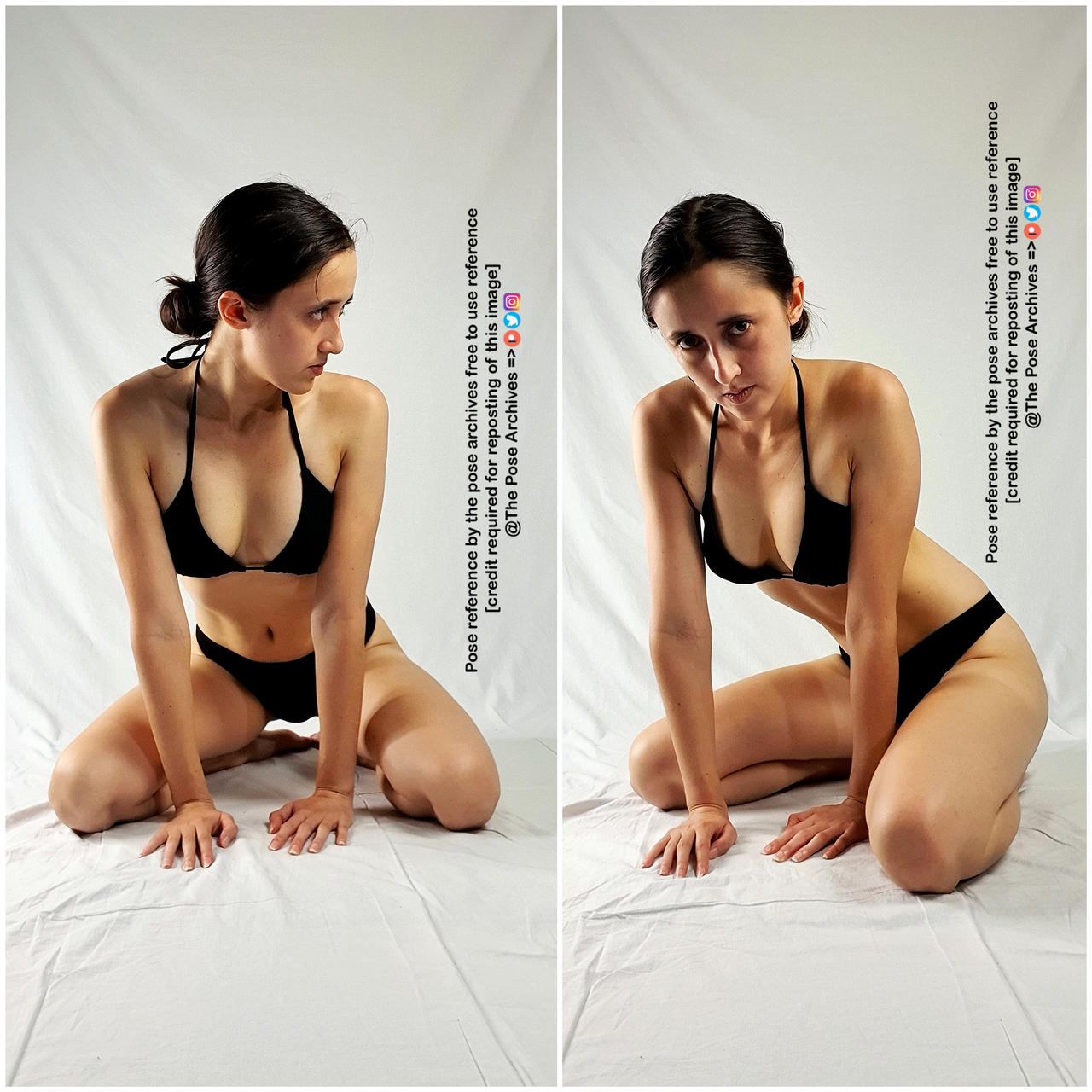 a woman in a black bikini is posing on a white background in a studio setting. she is kneeling with her hands on the ground and her back straight. she is looking directly at the viewer. the image is a pose reference for artists.