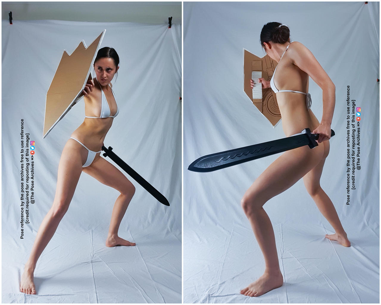 a young woman poses in two different stances with a sword and a makeshift cardboard shield. she is wearing a white bikini and is illuminated by artificial light in a studio setting.  the image is a pose reference with credit requested for reposting.