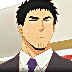 a closeup portrait of an anime man with short black hair and a goatee. he wears a white collared shirt, a dark suit jacket, and a purple tie. his expression is serious, almost stern, with furrowed brows and a slight frown.  the lighting is soft, creating a gentle contrast on his face. the background is out of focus and features warm, light colors.