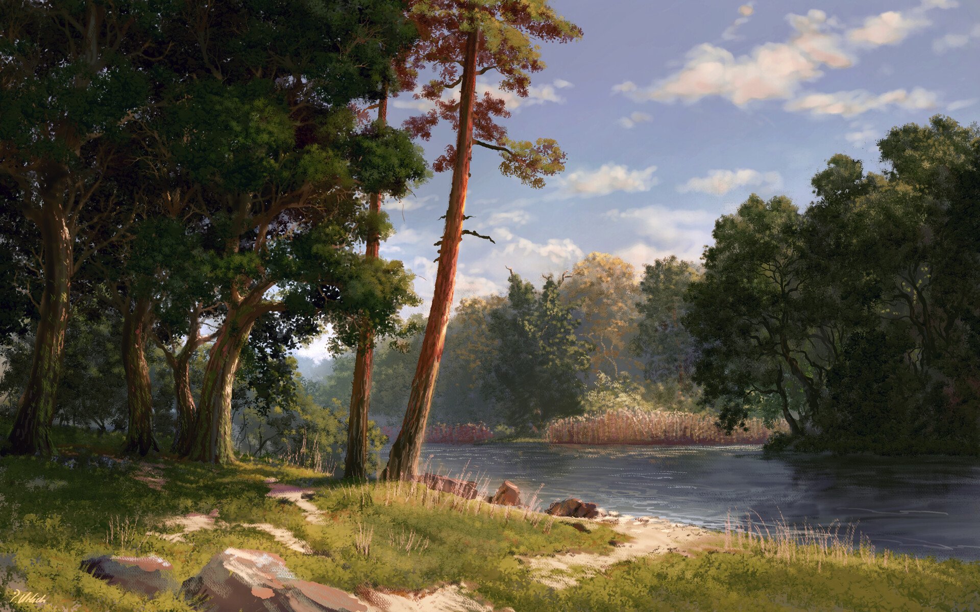 the image is a realistic painting of a serene river bank scene. the foreground features a grassy river bank with a path, rocks, and a variety of lush green trees. the trees on the left are large with full canopies, while the trees on the right are smaller and less dense. in the background, the river flows peacefully under a partially cloudy blue sky. the lighting is natural and gives the scene a warm and inviting atmosphere. the overall feeling is one of peace and tranquility.