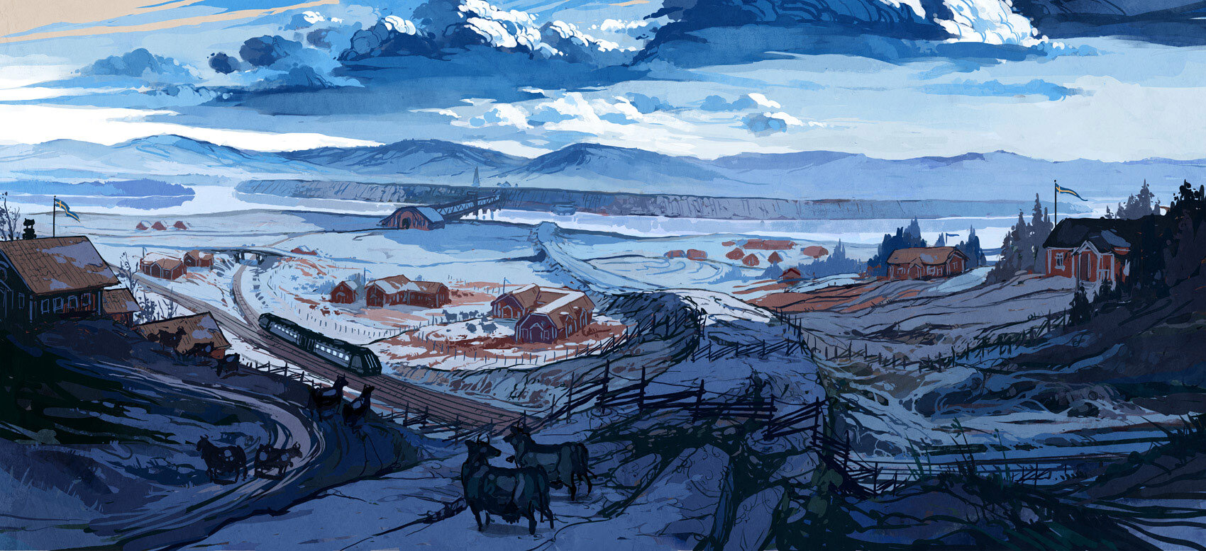 this painting depicts a snowy winter countryside scene. in the foreground, a winding path leads up a hill, and a train runs along tracks in the distance. the village is nestled in a valley surrounded by hills, with a river running through the middle. the sky is a bright blue with white clouds. the overall color scheme is blue and white, creating a sense of peace and tranquility.
