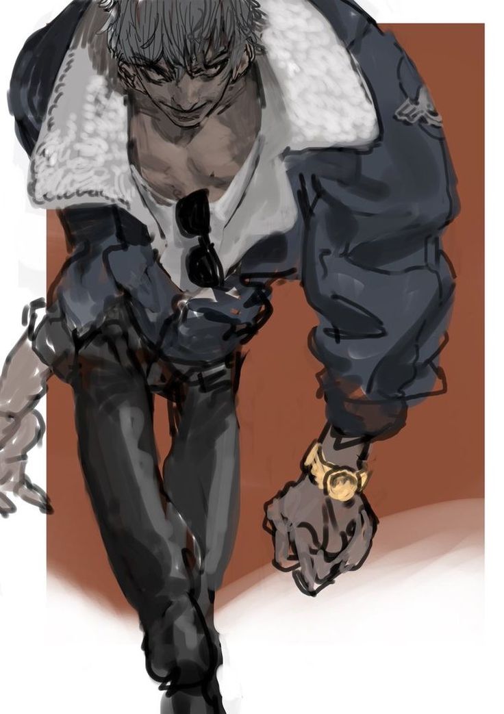 a stylish man wearing a black leather jacket with a fluffy collar, sunglasses and black pants with a gold watch is seen walking, viewed from a slightly high angle. the man's face is not fully visible as he is looking down.