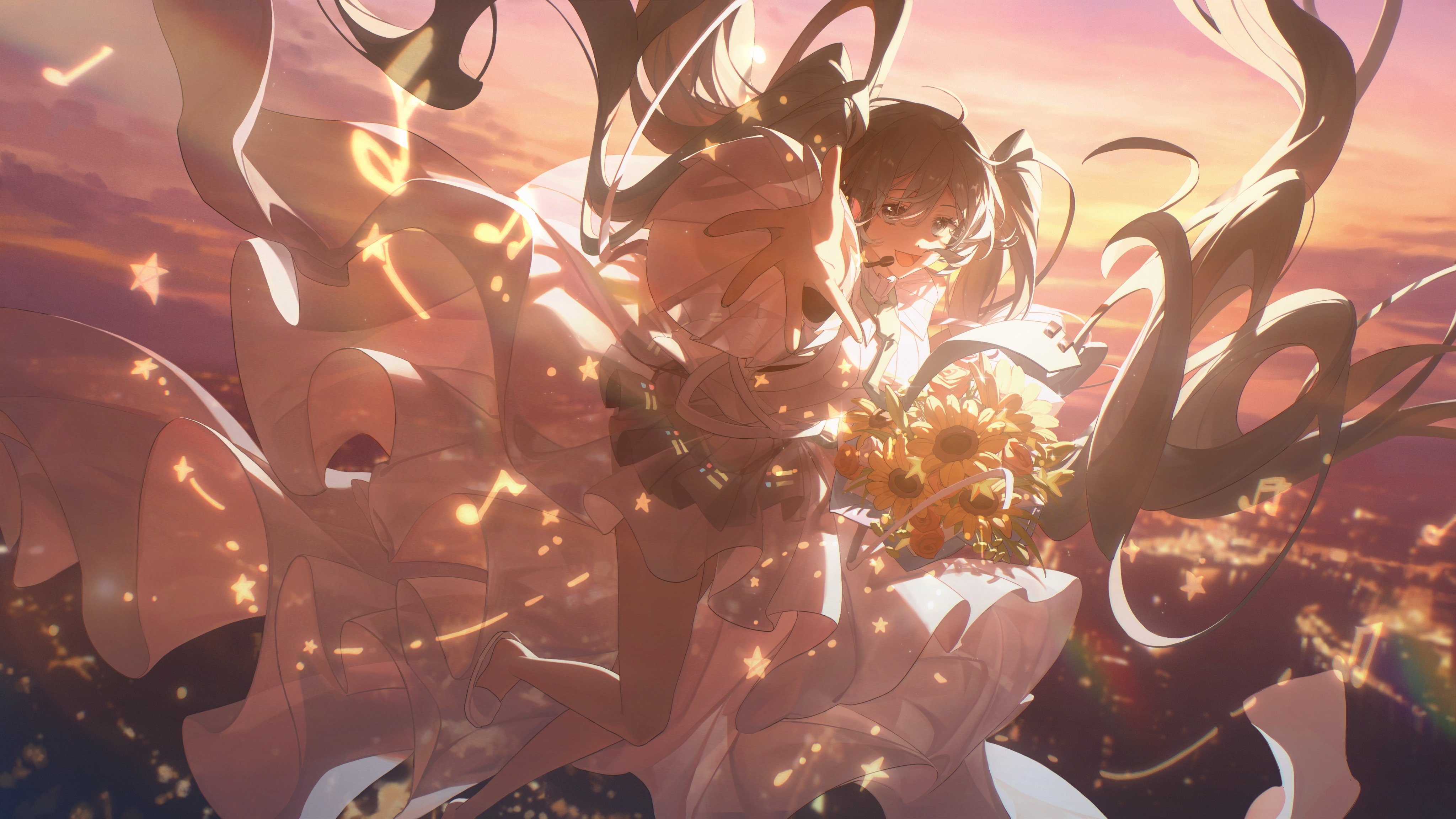 animestyle artwork of hatsune miku in a flowing white dress holding a bouquet of sunflowers. her signature turquoise pigtails are adorned with ribbons. golden stars and music notes float around her. the background features a sunset sky and a twinkling city lights below.