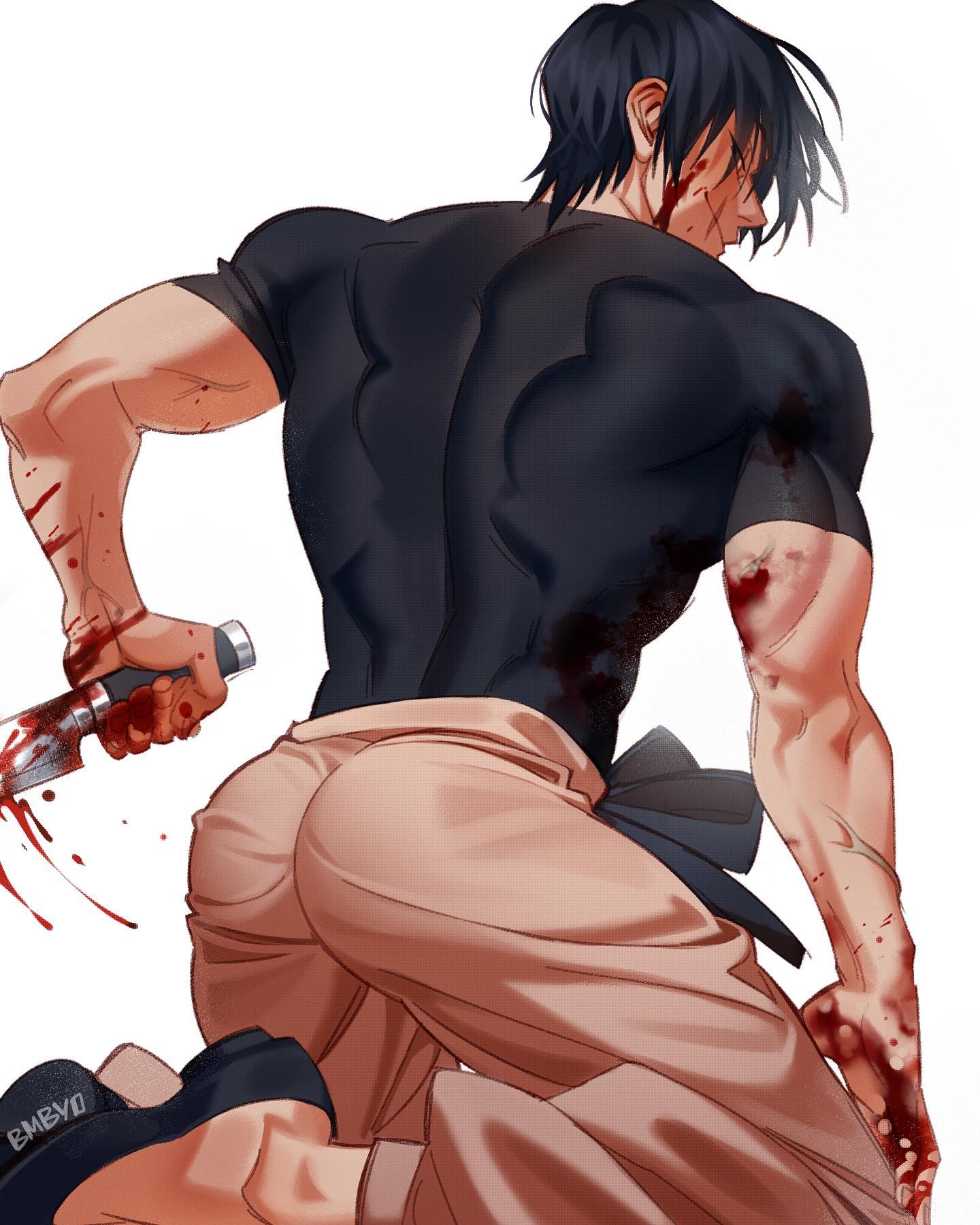the image is a digital painting of a muscular animestyle male character viewed from behind.  he's injured and bloody, holding a bloody knife. he's wearing a darkcolored shortsleeved shirt and light beige pants.  his back muscles are prominently displayed, and blood splatters are visible on his skin and clothing. the overall style is realistic and dramatic, suggesting a scene of intense action or violence. the character's expression is not visible, adding to the mysterious and intense atmosphere.