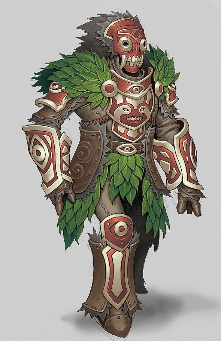 a warrior monster wearing red and green armor, stands in a pose ready for battle. the creature is a tribal character with a mask on its face.  the illustration is done in a fantasy style.