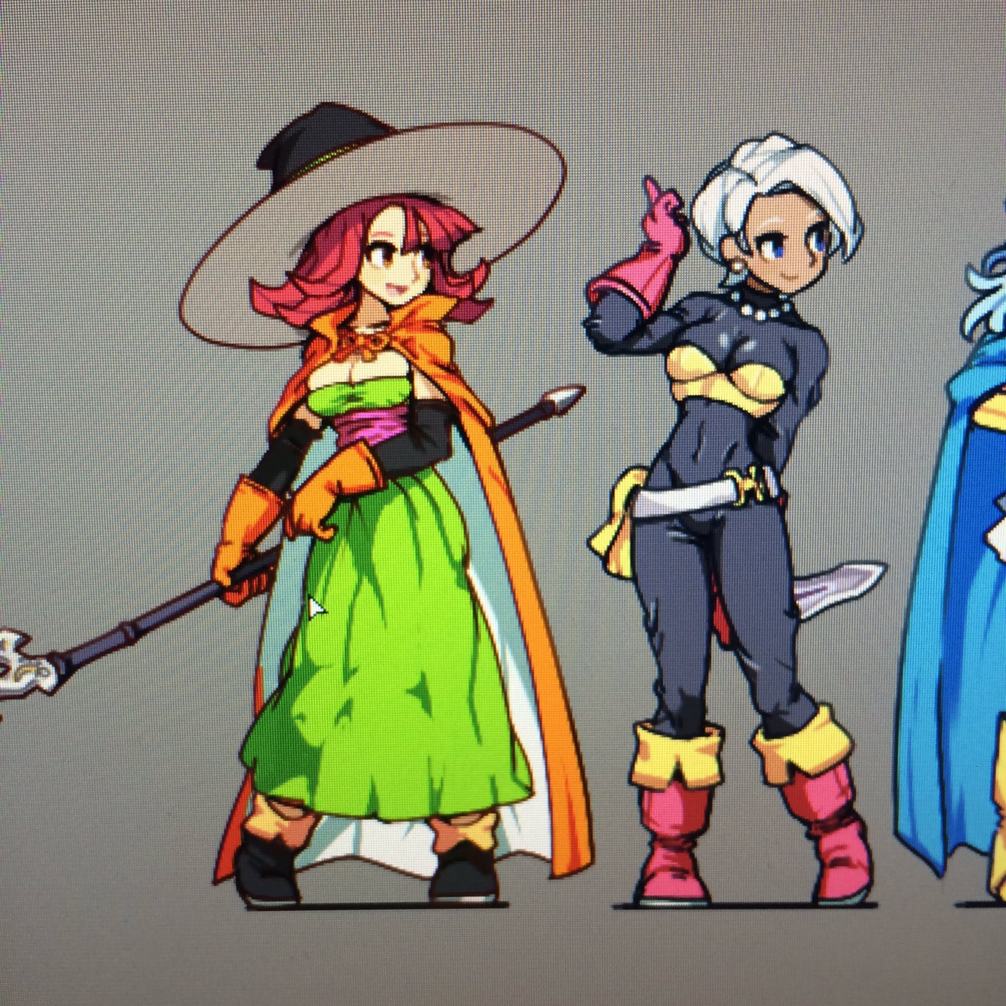 the image shows three female anime characters, one in a green dress, one in a black and red outfit and one in a blue cape. all of them are holding weapons, such as swords and a staff.