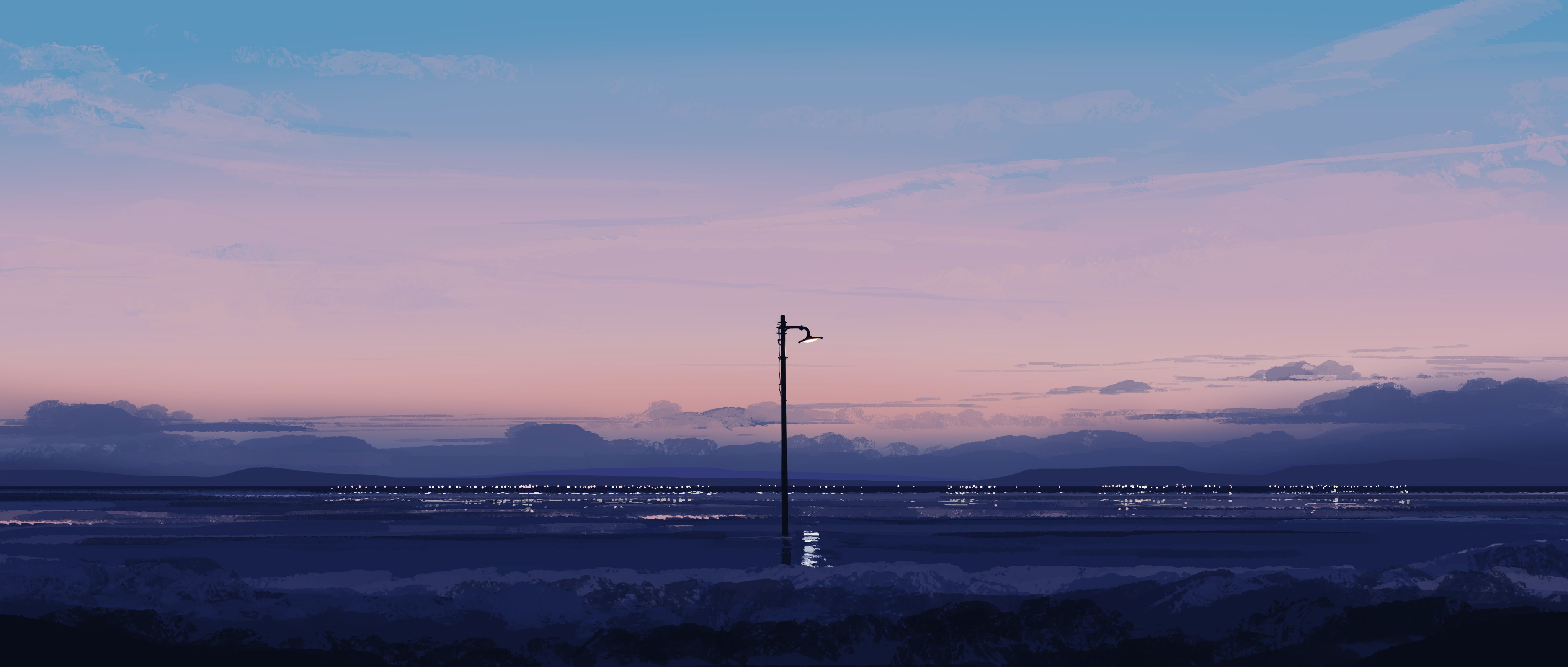 a pixel art illustration of a serene sunset over a tranquil body of water. the water reflects the soft hues of the sky and the faint silhouette of a distant mountain range. a lone flagpole stands tall in the foreground, its flag gently swaying in the breeze.  the overall mood is one of peace and quiet contemplation.