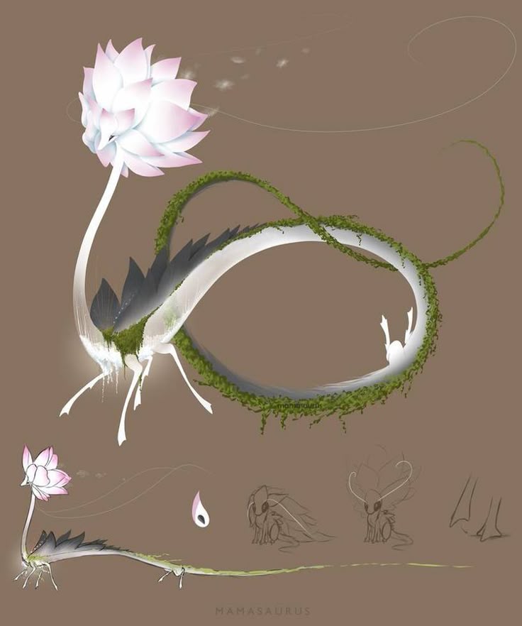 the image shows a fantasy creature design that resembles a dragon, but with plantlike features. the creature has a lotus flower for a head and its body is long and serpentine, covered in moss and vines. there are also sketches of the creature in different poses and details.