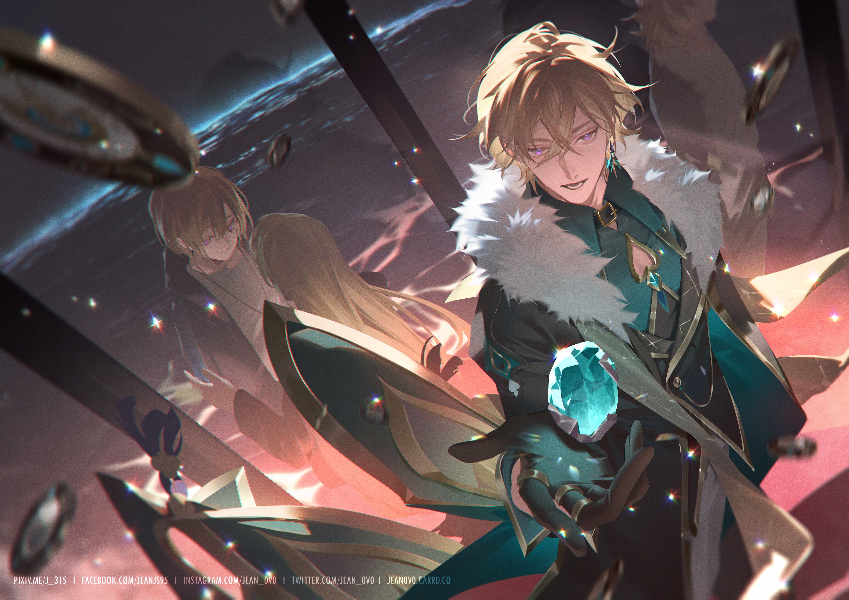 the artwork depicts a stylish male anime character with blond hair, wearing an elegant teal and black outfit with a large fur collar. he holds a glowing teal gemstone in his hand.  in the background, slightly out of focus, are two female characters with blond hair, appearing somewhat subdued.  the setting appears to be fantastical, with a dark ocean and floating clock parts scattered throughout. the overall mood is dramatic and mysterious, emphasizing the male character's power and elegance. the art style is highly polished and detailed, typical of modern digital anime illustration. the artist's signature, "jeanovo," is visible at the bottom.