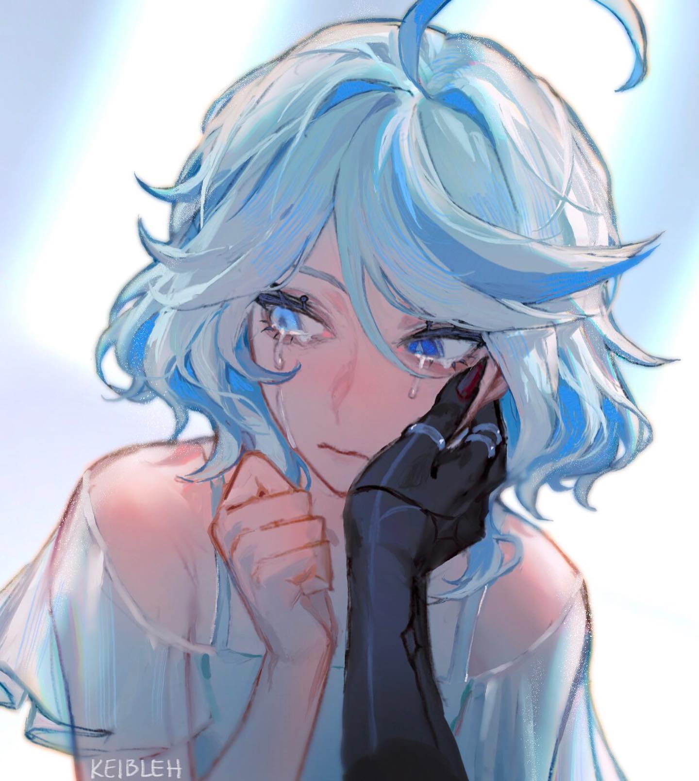 the image is a digital illustration of an anime girl with long blue hair. she is crying and holding her face with a black glove. her expression is sad and she appears to be in distress. the background is white, with a bright glow of light in the upper left corner. the art style is delicate and ethereal, with soft colors and a sense of sadness.
