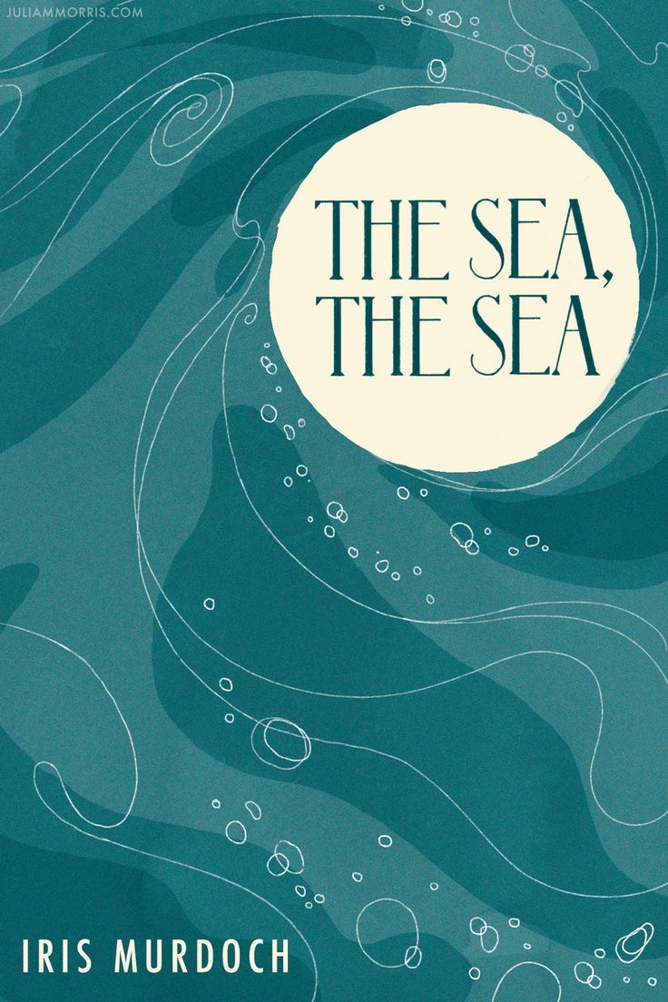this is a book cover for the novel "the sea, the sea" by iris murdoch. the cover features a teal and white abstract design of waves and bubbles, with the title and author's name in white font. the title is placed within a large circular shape, symbolizing the sea.