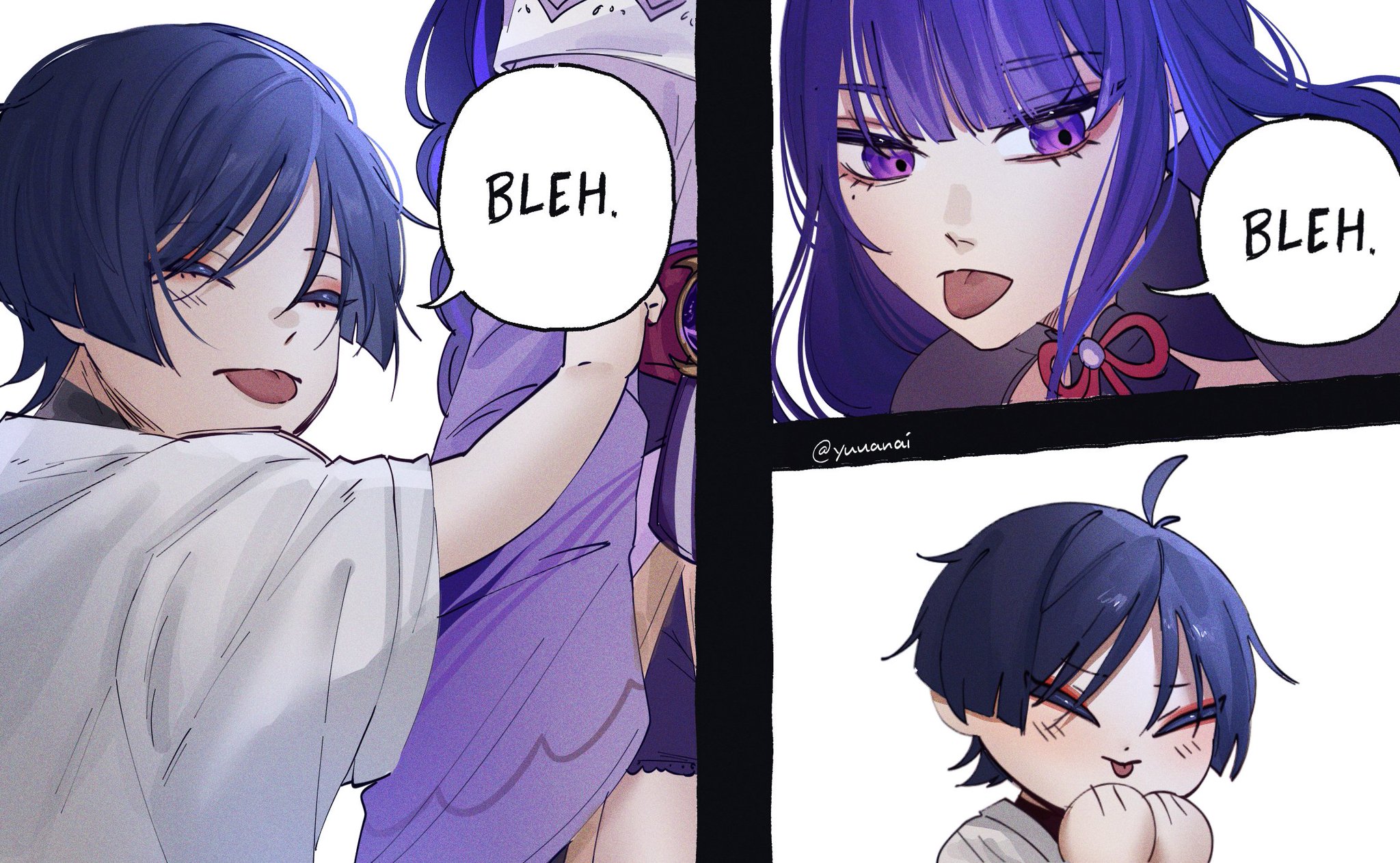 this is a digital art piece that depicts a comic strip with three different panels. in the first panel, a young boy with blue hair and a white shirt is seen sticking out his tongue and making a "bleh" face while reaching out with his arm towards a girl with long purple hair and a purple and white dress. in the second panel, the girl with purple hair is also sticking out her tongue and making a "bleh" face. the third panel shows a young boy with blue hair in a chibi style, he's making a cute face with a smile and his tongue sticking out slightly as he blushes. this comic strip showcases a playful and mischievous interaction between friends.  the art style is vibrant and expressive, capturing the characters' personalities and emotions through their facial expressions and poses.