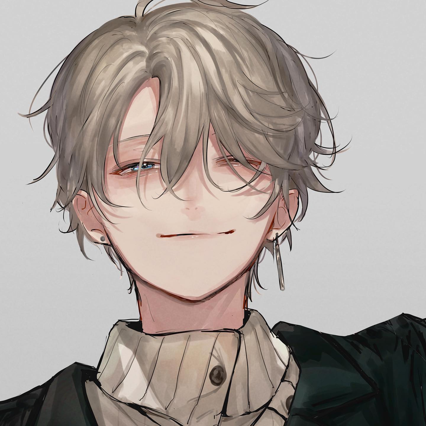 the image is a digital illustration of a young animestyle boy. he has long, light grey hair styled with bangs that partially cover his eyes. his expression is a soft, subtle smile. he's wearing a beige turtleneck sweater under a darkcolored jacket. he has small, understated earrings.  the art style is detailed and leans towards a realistic rendering of anime features, with soft shading and subtle textures in his hair and clothing. the background is a plain, light grey.  the overall feeling is one of gentle attractiveness and calmness.