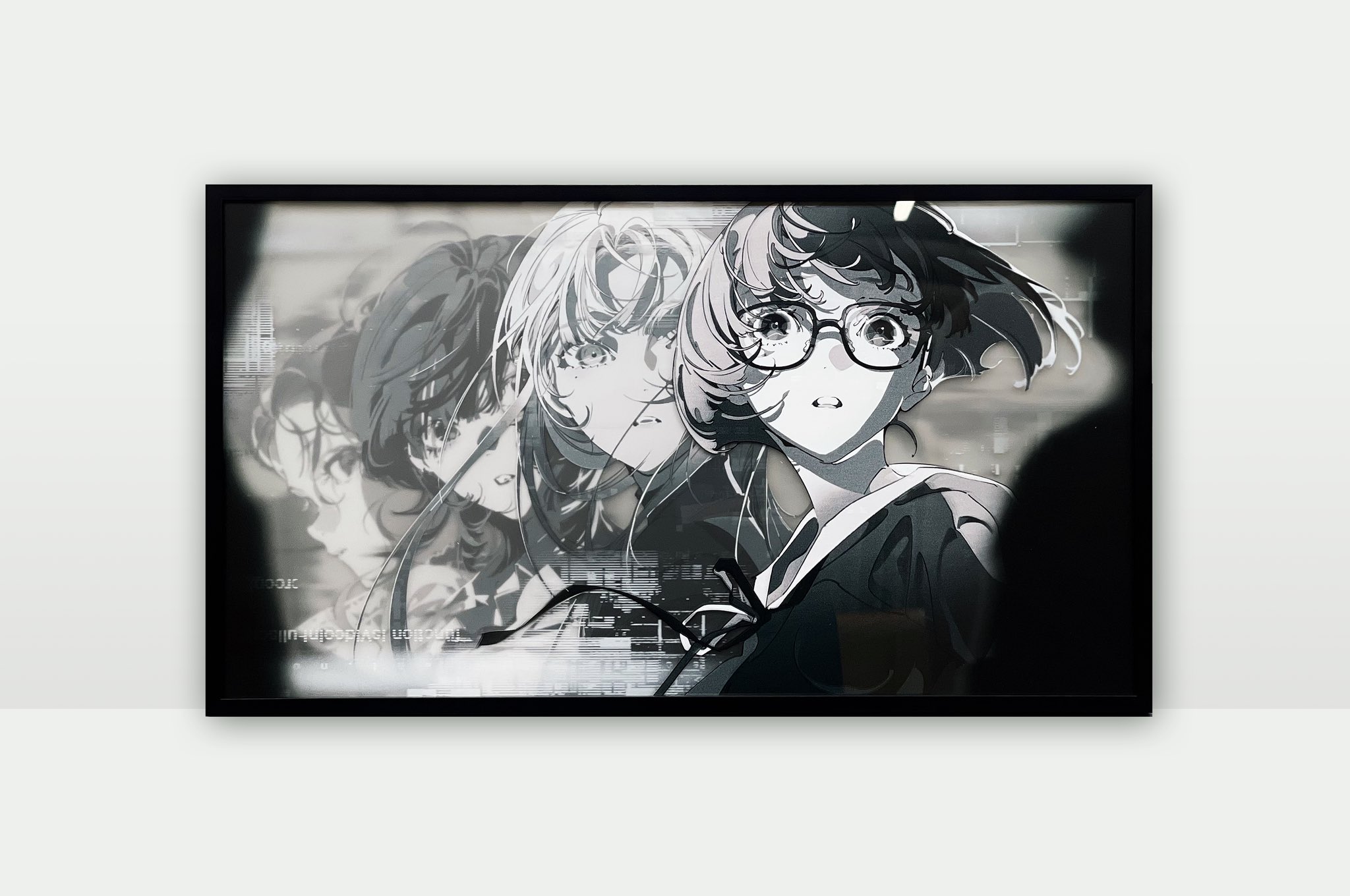 a framed black and white artwork featuring three animestyle female characters. the style is reminiscent of manga or digital art. the image has a gritty, urban, and slightly futuristic feel, with glitch effects and a monochrome palette. two of the characters appear slightly transparent, suggesting a sense of movement or a digital overlay. the central figure wears glasses and has a concerned expression, adding to the overall intrigue of the scene.
