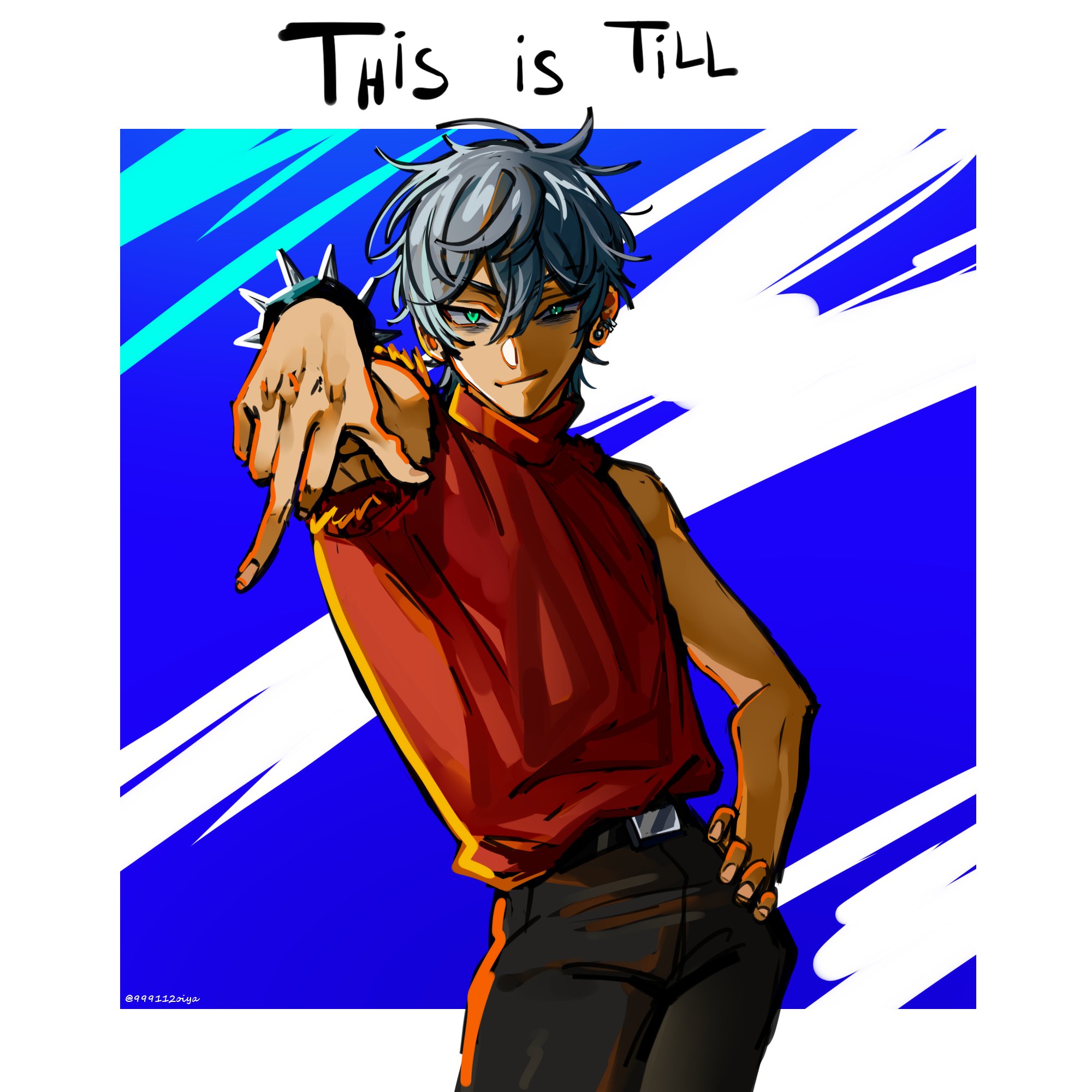 the image is a vibrant digital fanart depicting an animestyle male character named till. he has short, light turquoise hair, striking green eyes, and is wearing a sleeveless, reddishorange turtleneck shirt paired with black pants.  he sports a spiked bracelet on his left wrist.  his pose is confident and somewhat provocative, with one hand extended towards the viewer in a gesture that might be interpreted as a 'come hither' or 'peace' sign. the character's expression is sly and selfassured. the background is a bold blue with white brush strokes creating a dynamic, energetic feel. the text "this is till" is written at the top. the overall style is sharp, expressive, and indicative of modern anime/manga character design.
