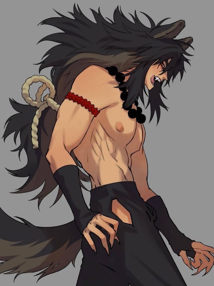 a shirtless anime character, a werewolf, with black hair and a long tail, stares fiercely with sharp teeth and claws. he wears black pants with a torn section on the left thigh and a red bracelet on his left arm. he also wears a beaded necklace. his upper body has a muscled build, and his expression is intense and aggressive.