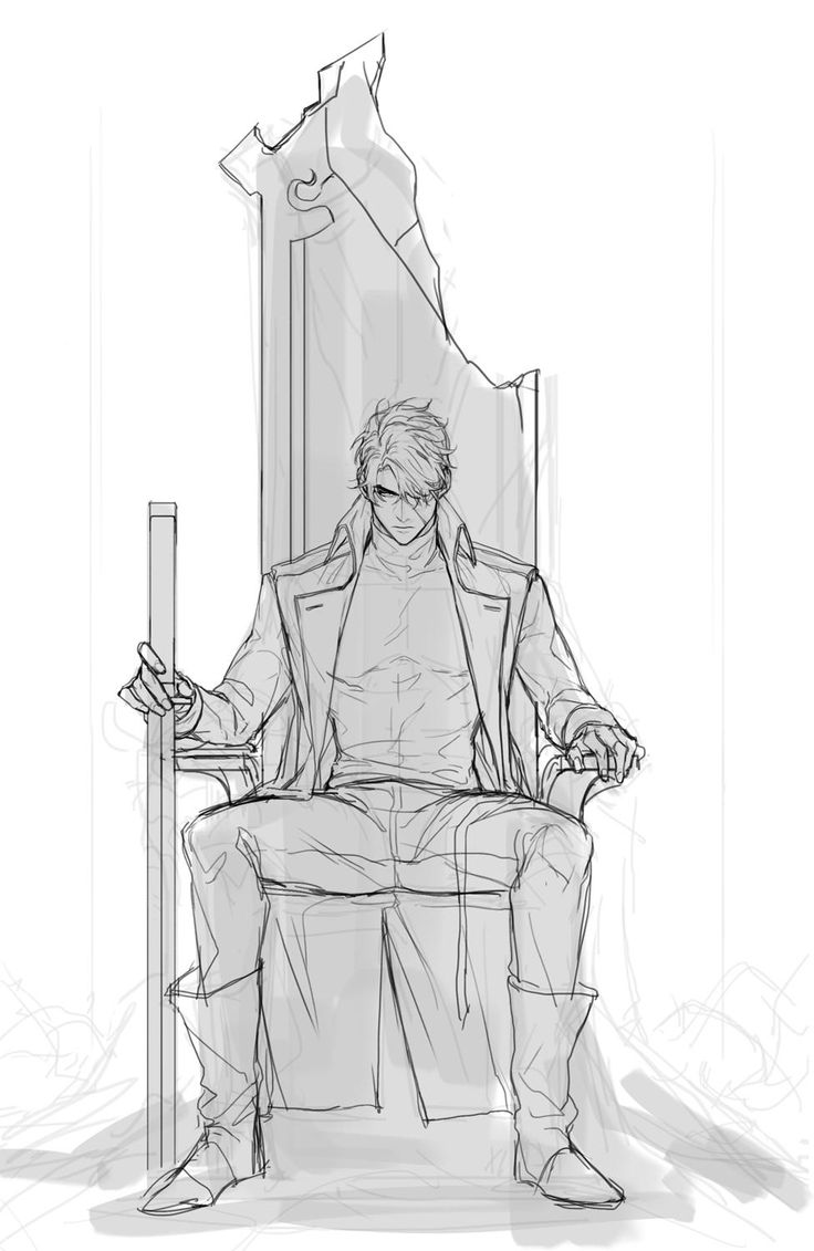 a pencil sketch of a male anime character sitting on a throne. the character is wearing a long coat and is holding a sword in his hand. the drawing is in black and white.