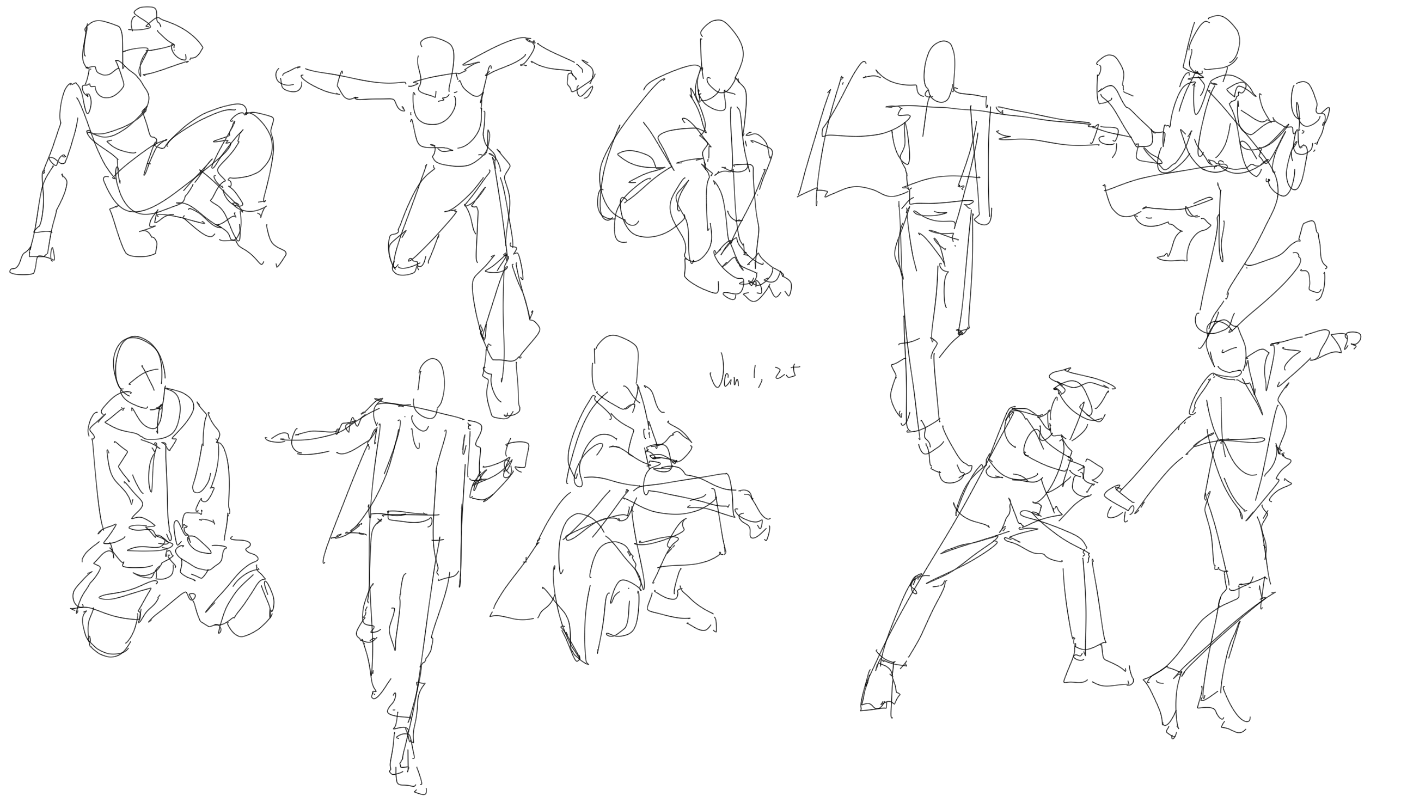 he image contains a collection of quick, expressive line drawings of people in various poses and actions.  the style is minimalist, focusing on capturing movement and gesture rather than detailed anatomy.  the figures are depicted in dynamic positions, suggesting dance, action, or spontaneous movement.  the lines are loose and fluid, conveying a sense of energy and immediacy. the sketches are done in black ink on a white background.